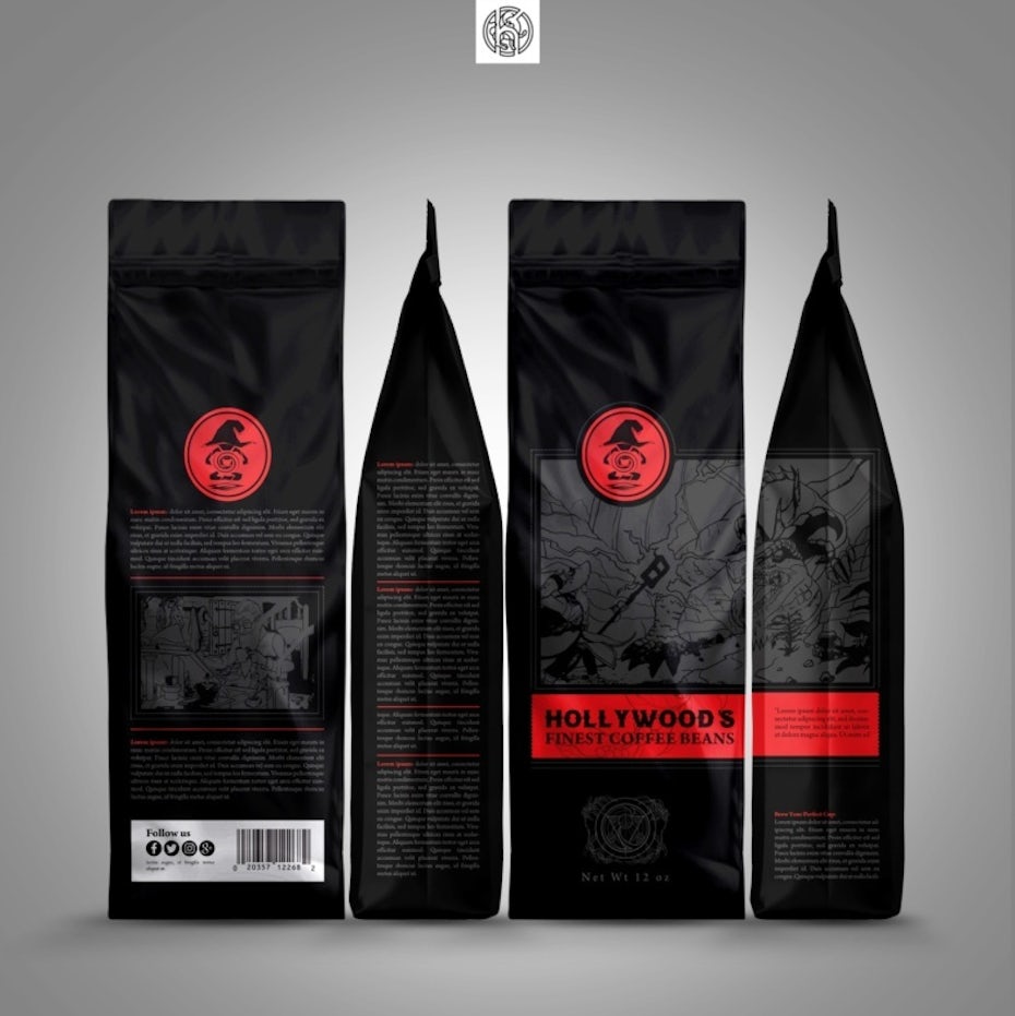 black coffee bag design featuring a red logo to represent red color meanings