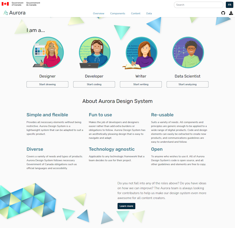 Landing page of Aurora, the Government of Canada’s open-source design system.