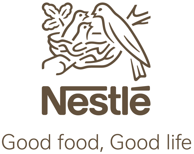 A nest of birds with the logo of Nestle at the bottom