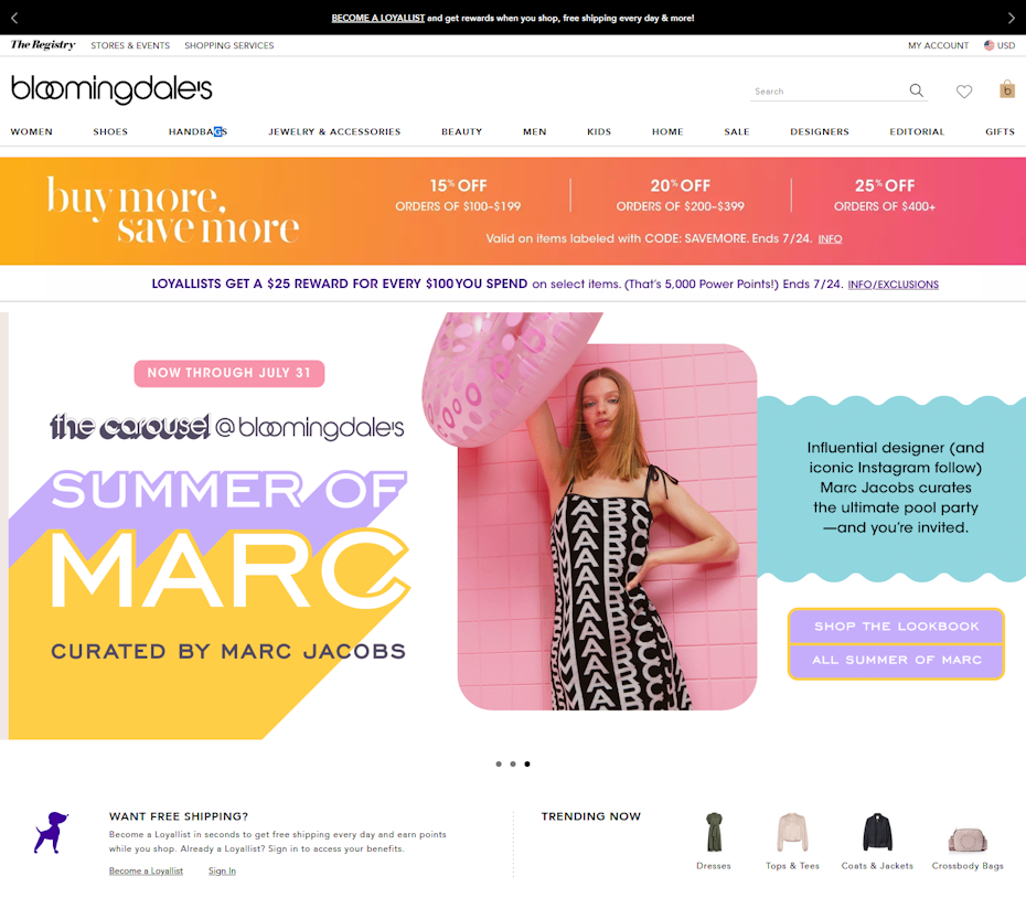 Landing page of Bloomingdales offers many incentives for new and returning customers.