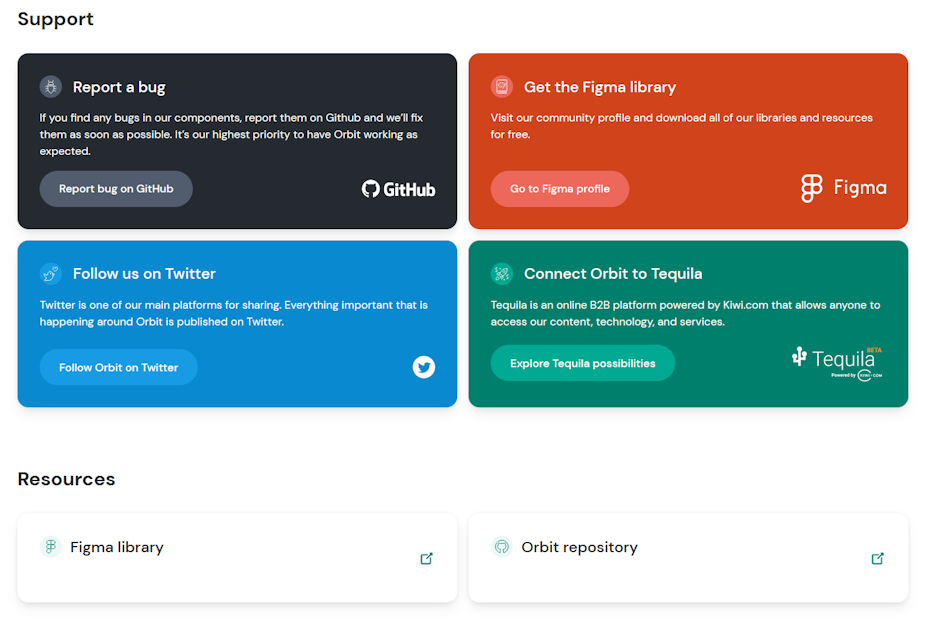 Screenshot of Orbit’s landing page where visitors can report bugs, gain access to its Figma library, and view their react components.