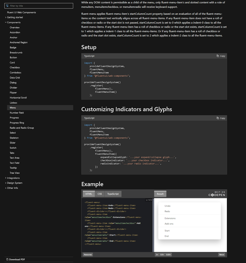 Screenshot of the menu section of Fluent UI web components, showing the code and what the menu looks like side by side.