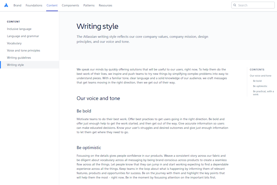  Atlassian’s design system offers detailed guidelines for their tone and writing style.