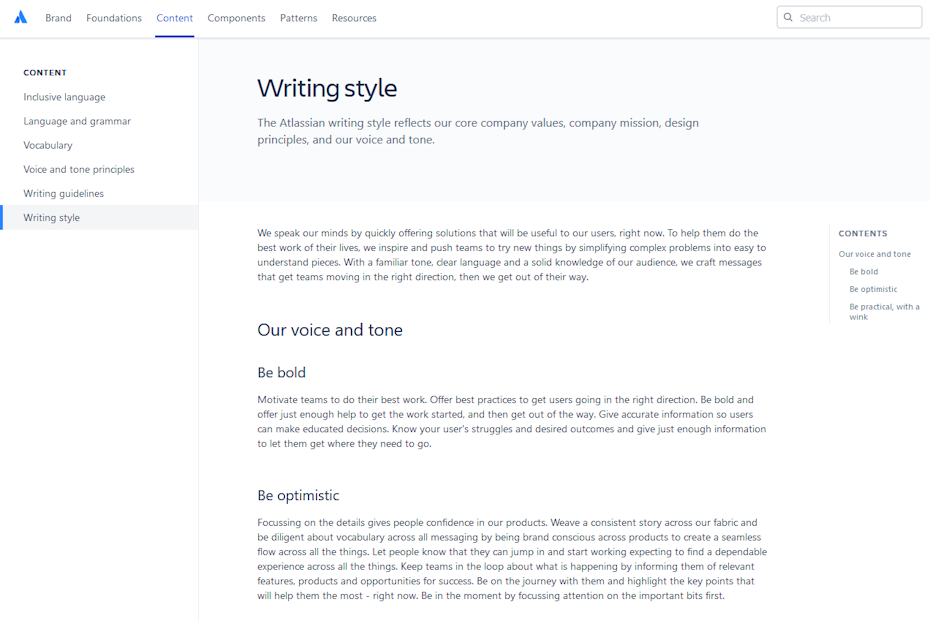 Atlassian’s design system offers detailed guidelines for their tone and writing style.