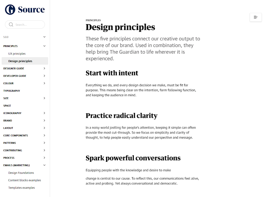  A list of The Guardian’s design principles from their G Source design system.