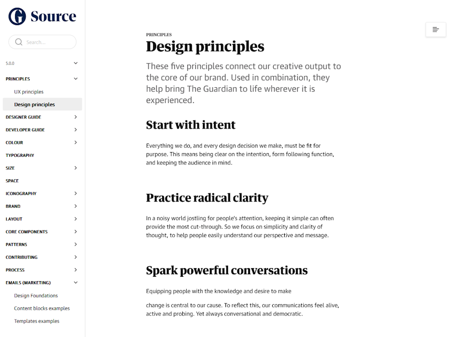 A list of The Guardian’s design principles from their G Source design system.