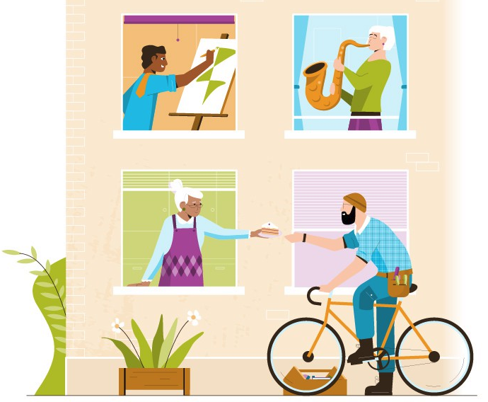 Flat illustration of various people of different ages and backgrounds performing tasks, showcasing a diverse audience.