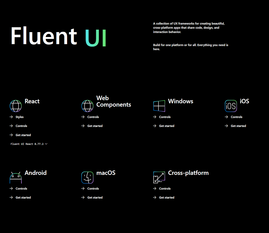 Landing page of Microsoft’s Fluent UI design system, which makes it easy to seamlessly design across multiple platforms.