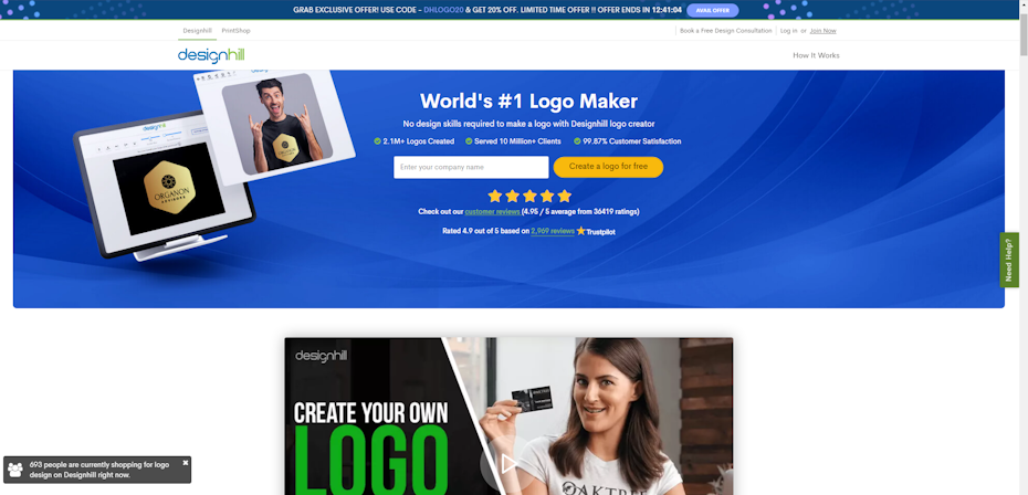 screenshot of Designhill logo maker page