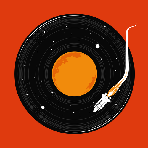A space shuttle orbits a vinyl record that resembles the outerspace