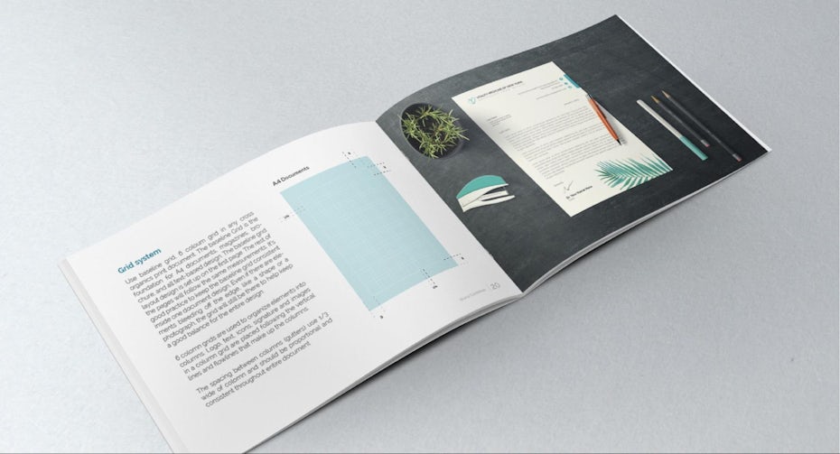 Render of a brand guide covering the grid system guidelines of a product.
