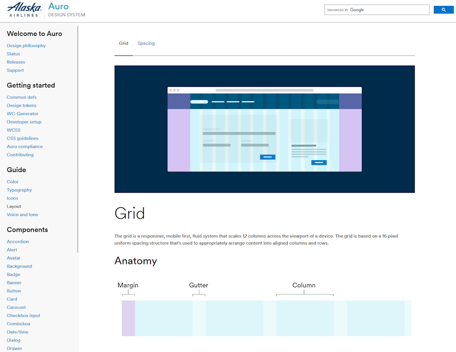 Alaska Airlines’ Auro Design System covers grids and layout.