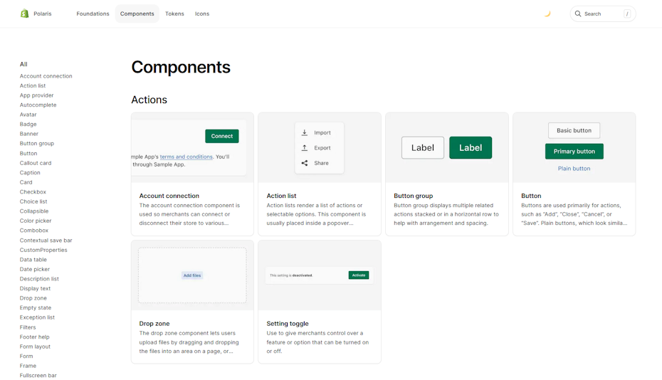 Screenshot of Shopify’s instructions for its components section of its design system, Polaris.