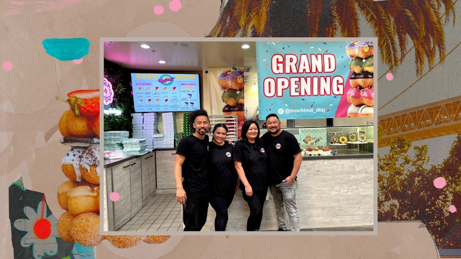 Photo of the Mochinut staff standing under their grand opening signage