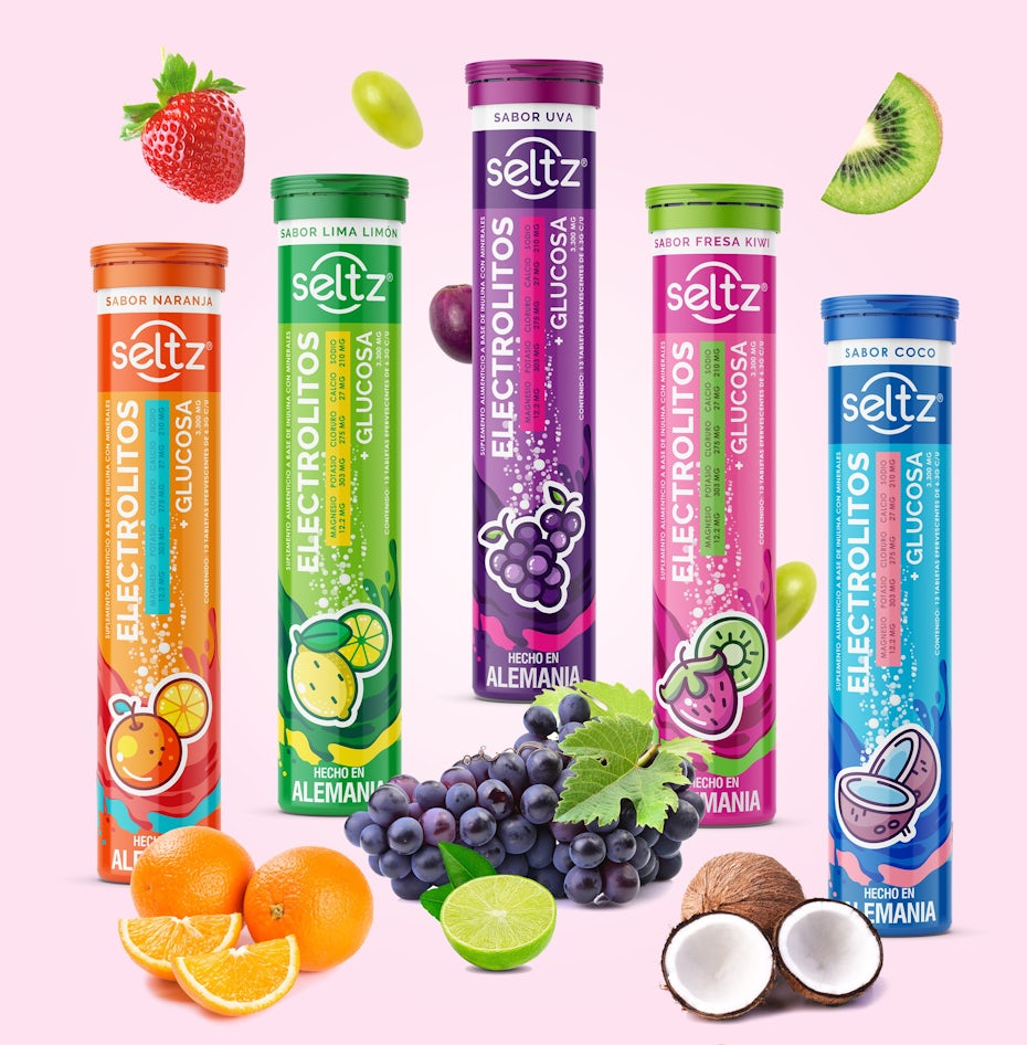 five tubes of fizzy tablets, each in a distinct color with fruit imagery