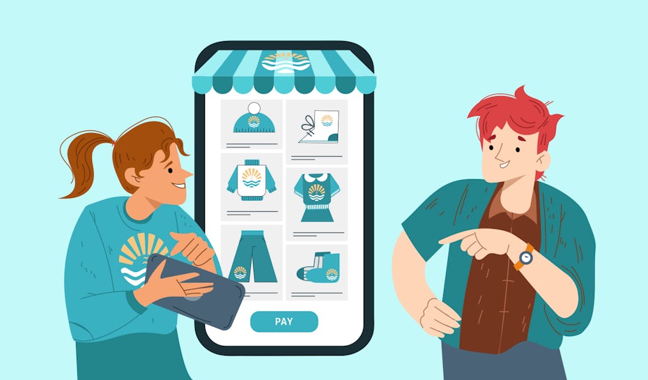 mobile page for a online shop with two people looking at it