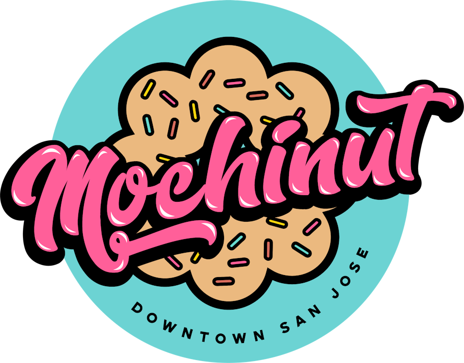 Logo design for Small business Mochinut, a pink and blue seal feature vintage typography
