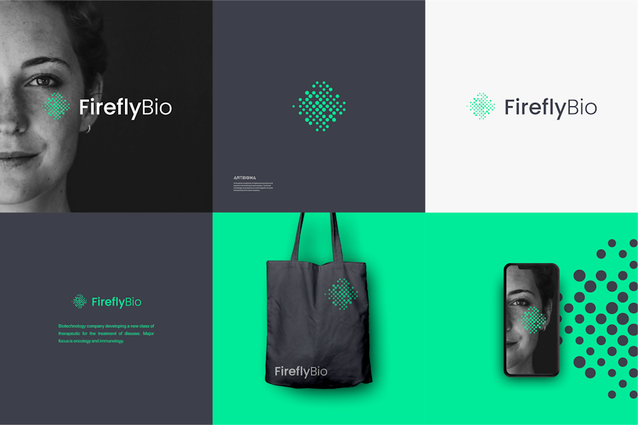 collection of brand assets in green and black: a logo, a tote bag, an overall look and feel