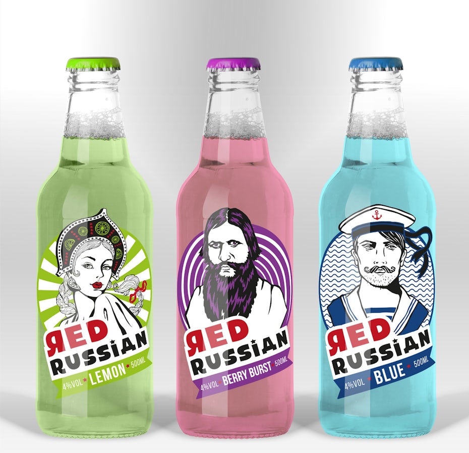 three sodas, side by side, each with a unique character design