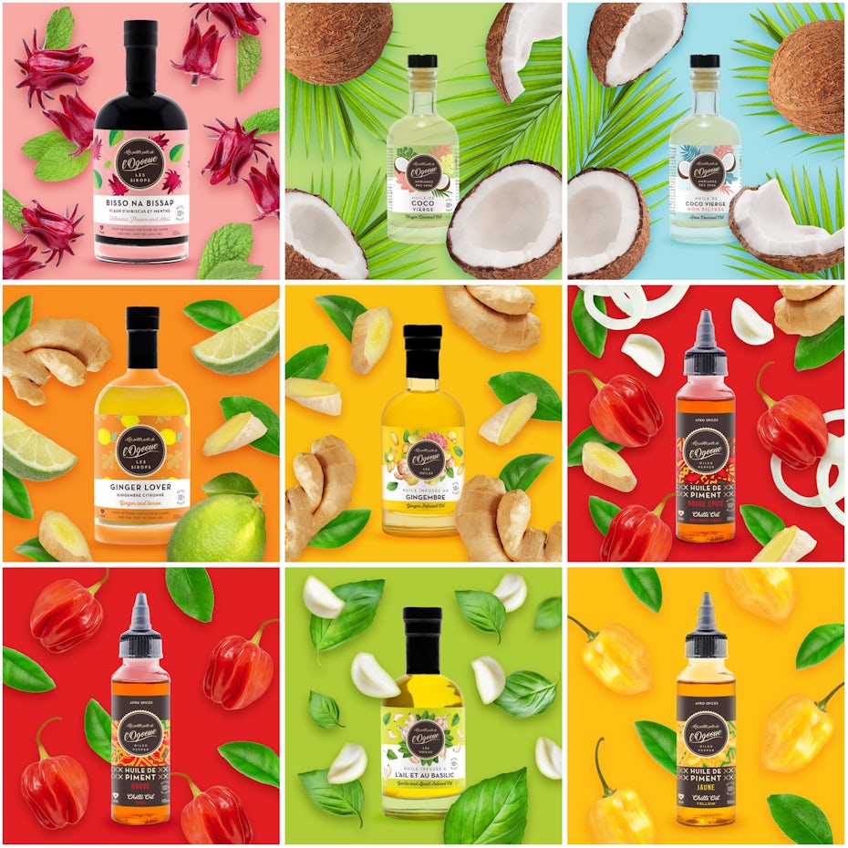 colorful series of different sauces and dressings, each posed with the products it contains