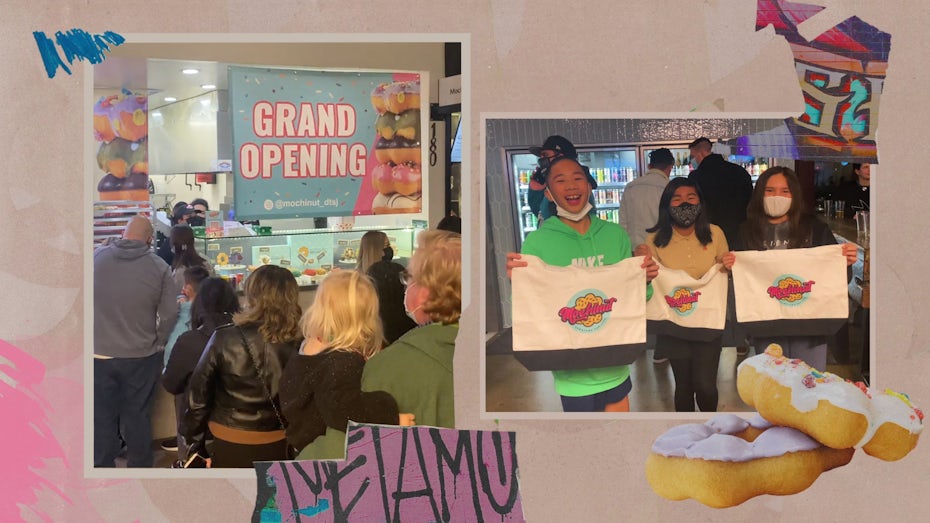 Two photos: one of people standing in front of Mochinut on grand opening day and the second of three kids holding Mochinut tote bags