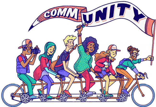 An illustration of several diverse people riding a tandem bike