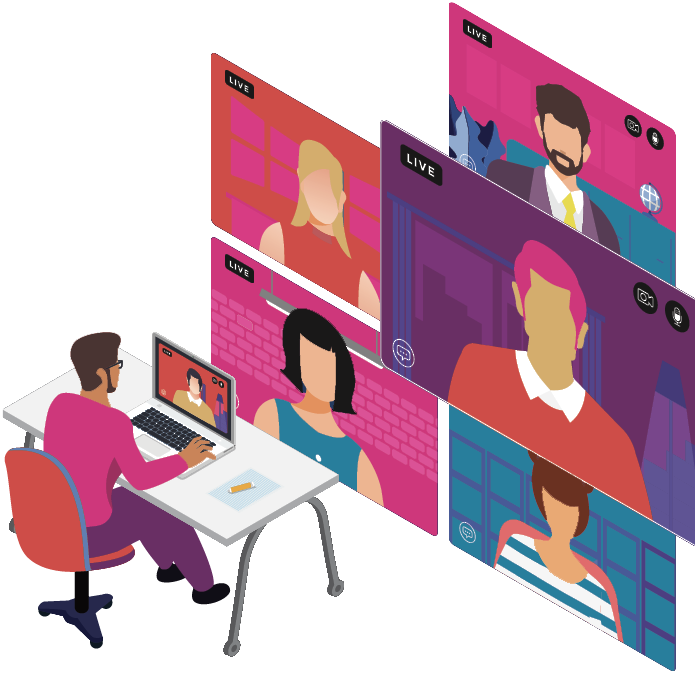 illustration of person working at desk on a video call with different people. Pink, purple and teal tones.