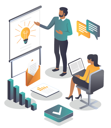 3D illustration of colleagues in a board meeting surrounded by icons