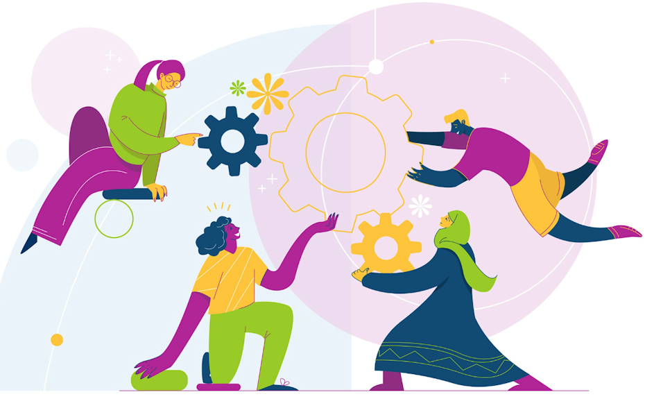 illustration of people organising nuts and bolts against backdrop of spherical patterns