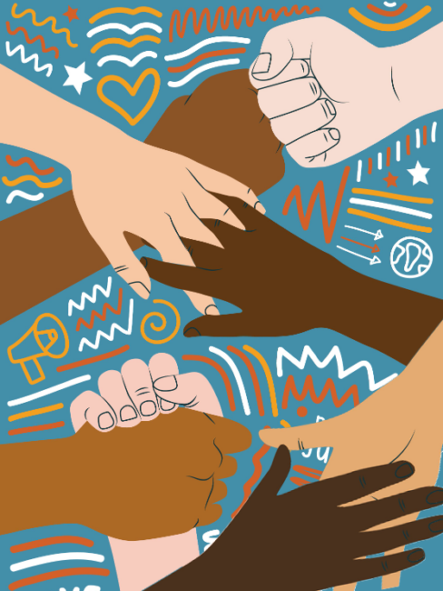 Illustration von ineinander verschränkten Händen in verschiedenen Hauttönen vor einem blauen Hintergrund mit verschnörkelten Linienzeichnungen