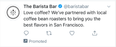 screenshot of a text ad on Twitter for a coffee shop