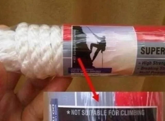 Photo of a label for an unclimbable rope that shows an image of a man climb