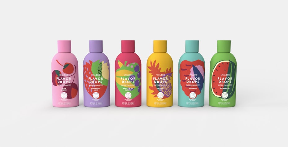 Bottle label design with bold colors for various flavored drinks