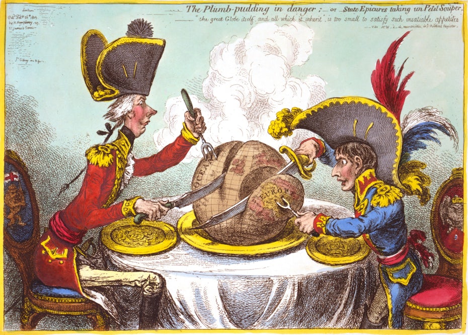 Political cartoon of 18th century imperialists slicing up the globe like a dinner ham