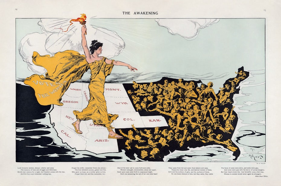 Political cartoon of the statue of liberty walking across America in support of women’s suffrage