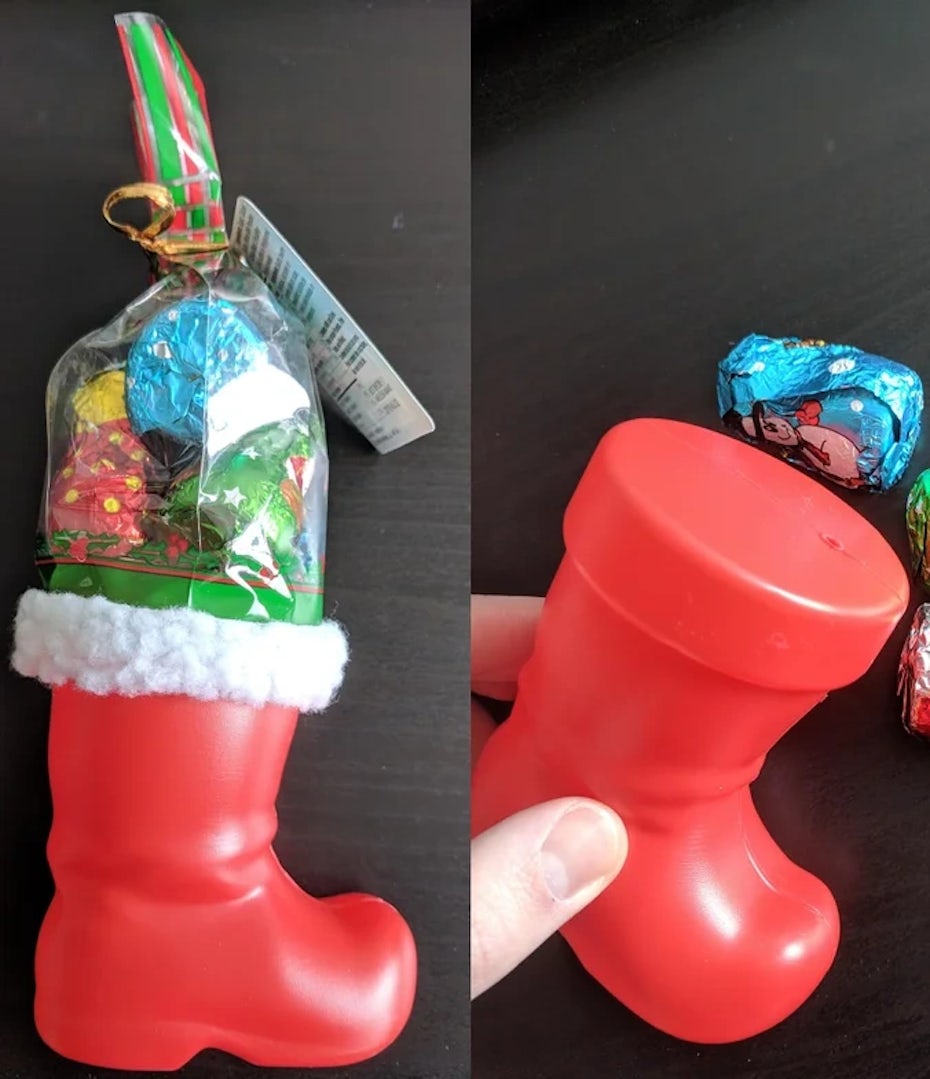 Photo of a Christmas themed packaging with a misleading amount of candy