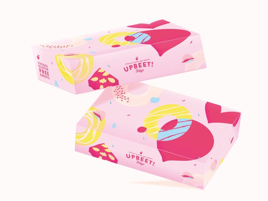 Colorful packaging box design with abstract imagery for vegan sweets brand