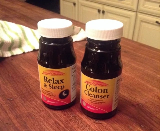 Photo of a sleep aid and colon cleanser with similar packaging labels
