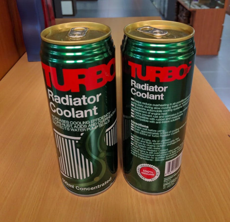 Photo of radiator coolant packaged in a soda can