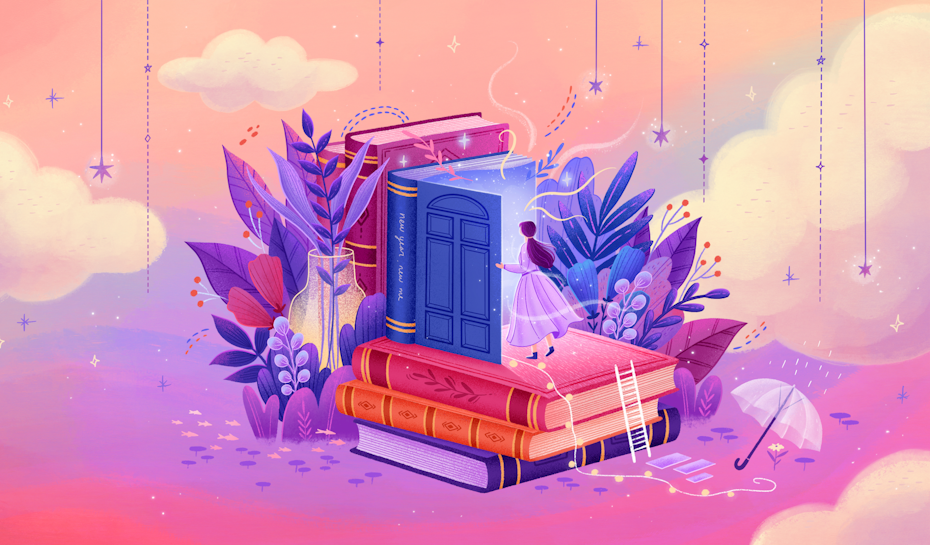 2023 community art calendar for January: a person standing on stacks of books looking into another book with clouds, flowers and stars in the background