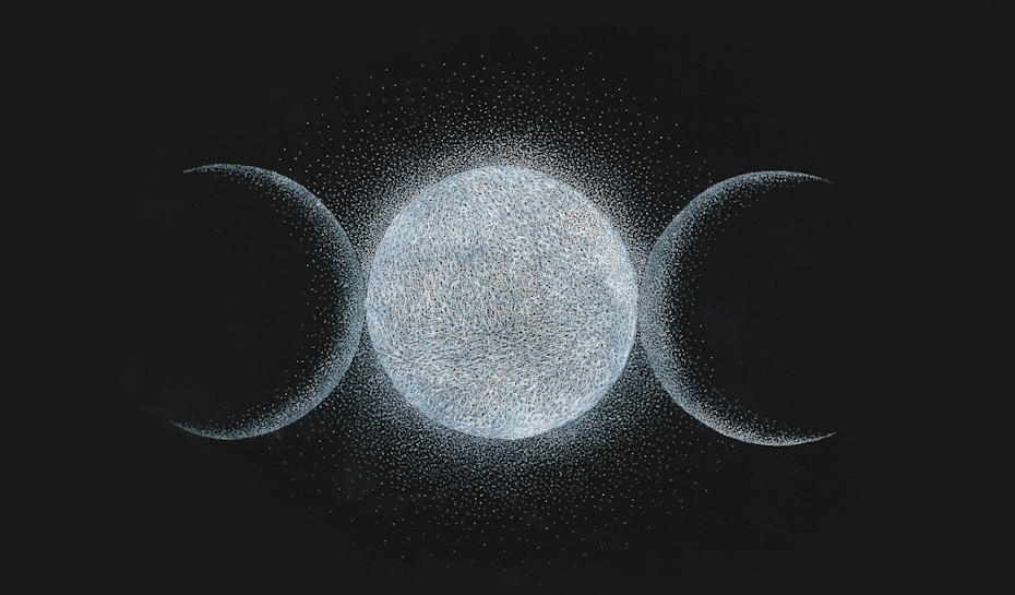 2023 community art calendar for November: 3 moons depicting waxing, new and waning stages