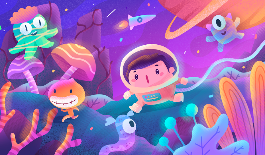 2023 community art calendar for July: a young astronaut strides through space with friendly aliens