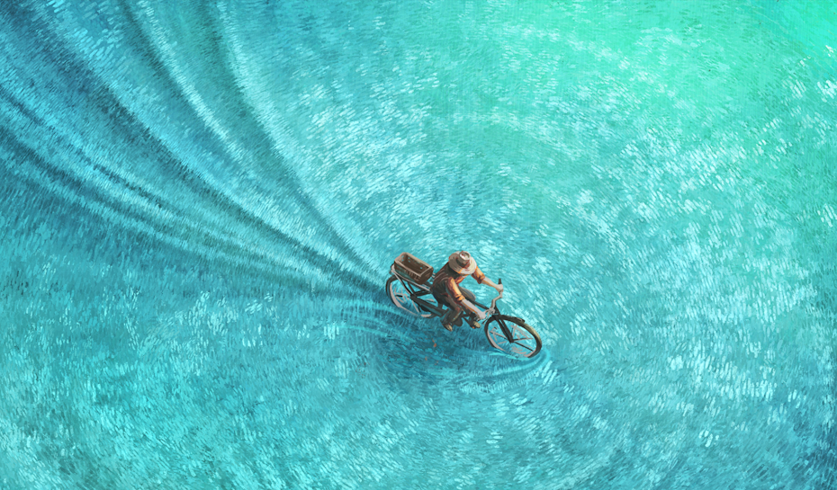 2023 community art calendar for August: a cyclist wades through a serene sea