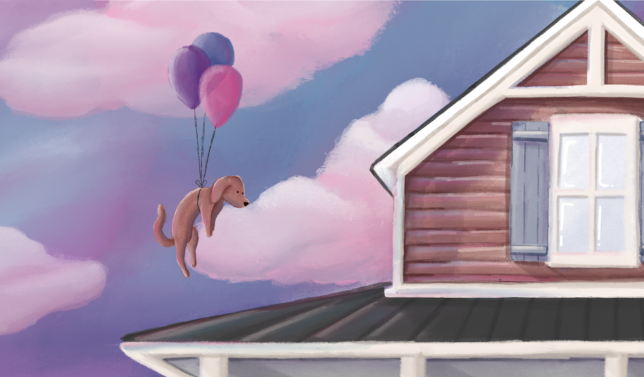 2023 community art calendar for September: a puppy attached to balloons floats into the sunset
