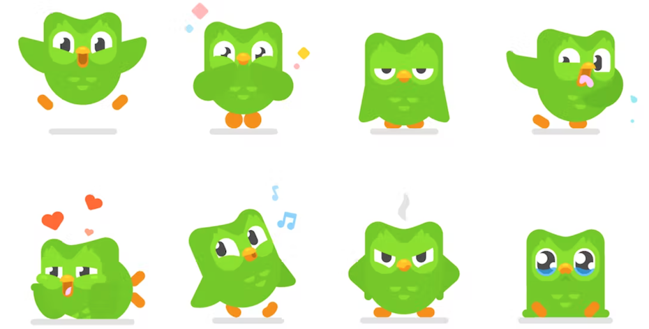 muchas expresiones faciales de la mascota de Duolingo