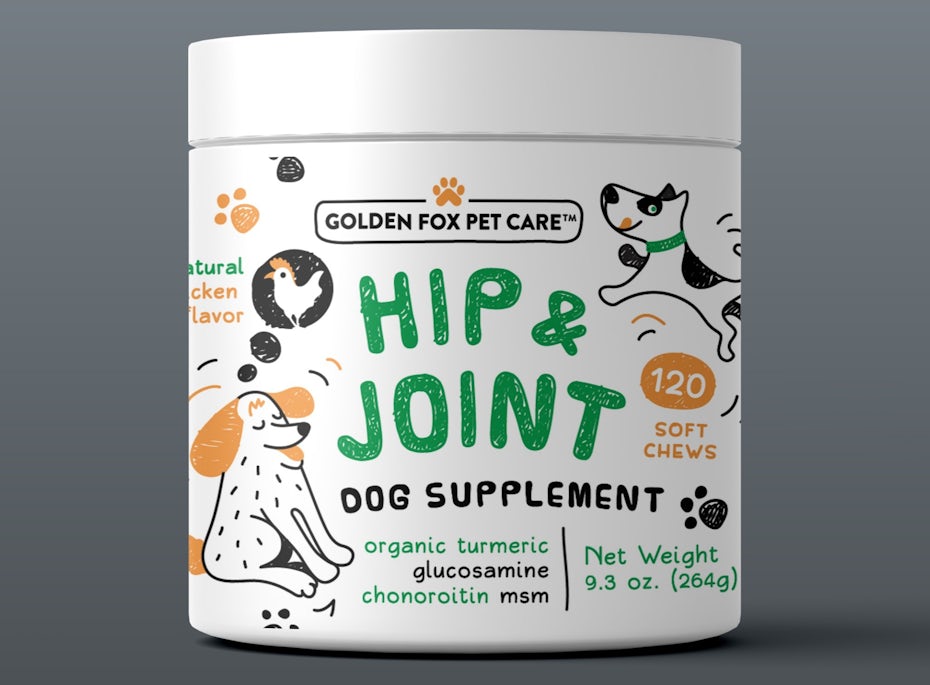 Packing design trends 2023 example: dog supplement label