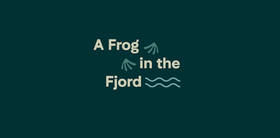 logotipo de texto con ilustraciones geométricas simples que sugieren manos de rana y un río