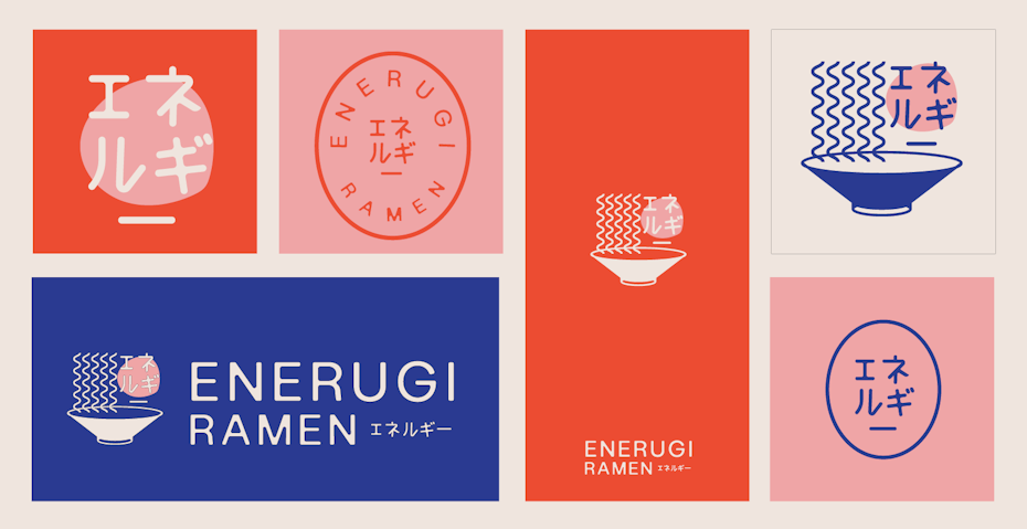 Tendencias de diseño de logotipos creativos - logotipo de la tienda de ramen morado, naranja y melocotón