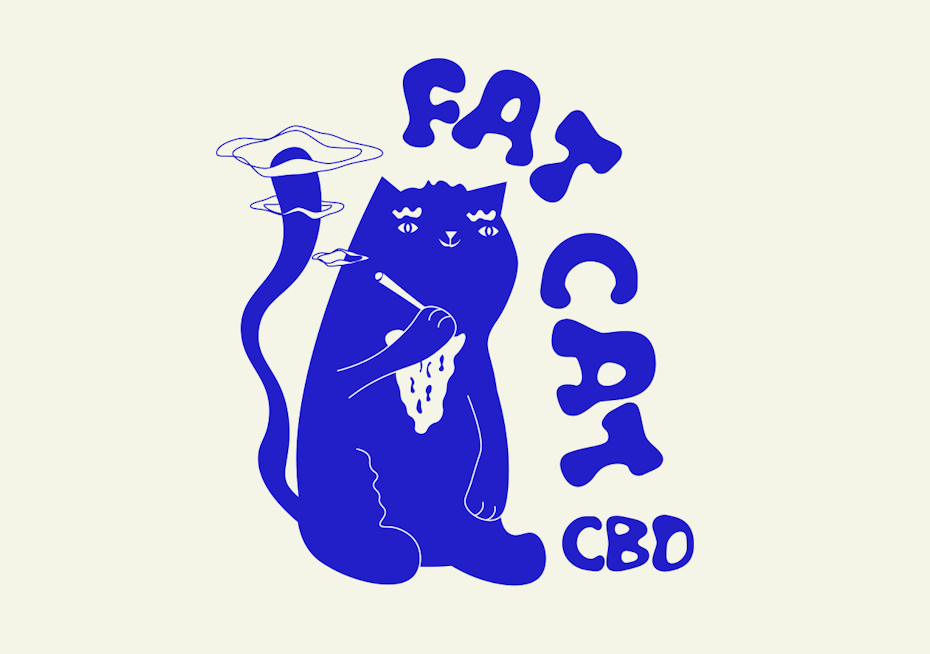 Tendencias de diseño de logotipos creativos - ilustración morada oscura de un gato fumando un cigarrillo