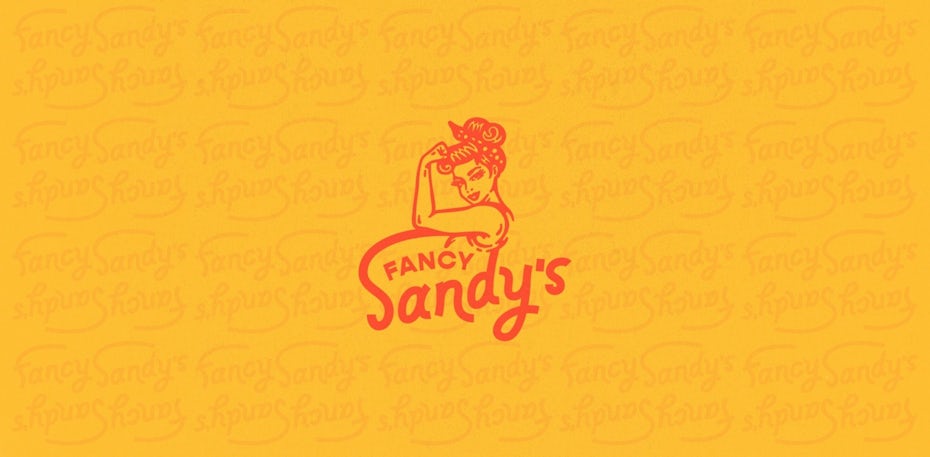 Tendencias de diseño de logotipos creativos - Logotipo con texto en picada y una figura de Rosie the Riveter